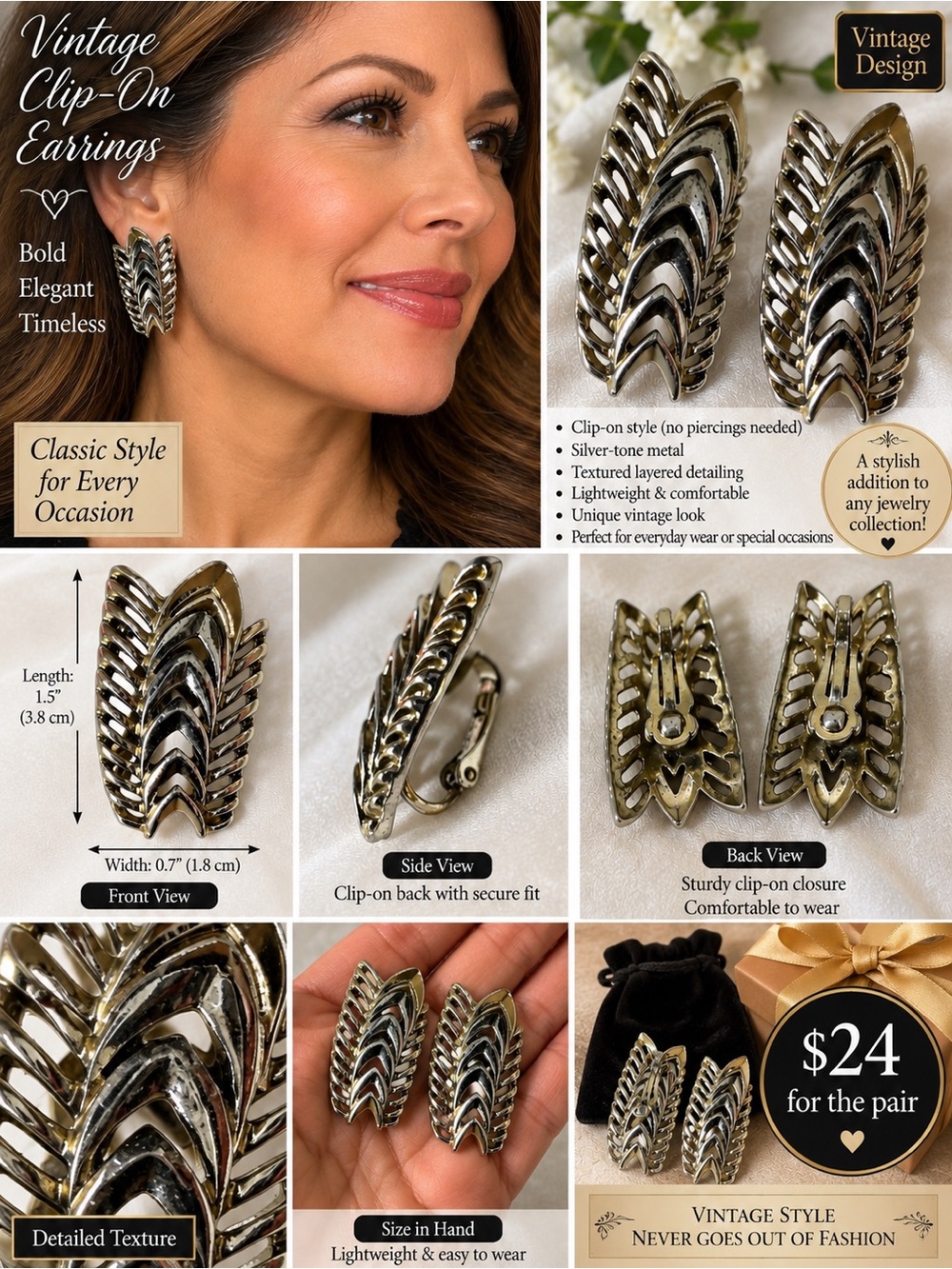 A vintage signed Lisner/Coro silver toned feather/leaf design clip on earrings
